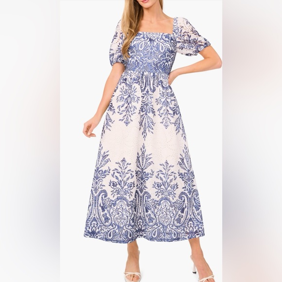 Ted Baker London Dresses & Skirts - Ted Baker Print Eyelet Puff Sleeve Midi Dress Vintage Inspired Print Navy XL